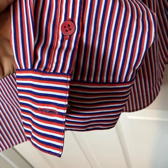 Cabi Franklin Patriot Striped Split Neck Long Sleeve Blouse Red White Blue XL - Picture 5 of 9